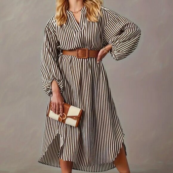 Brown Stripe Print Lantern Sleeve Notched Neck Midi Dress - Picture 1 of 12